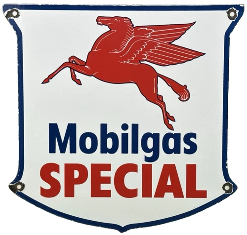 VINTAGE MOBILGAS SPECIAL PORCELAIN SIGN DEALERSHIP GAS MOBIL MOTOR OIL PEGGY GAS