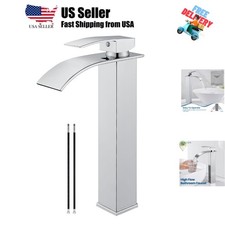 Tall Bathroom Vessel Faucet Chrome Polish Waterfall Bathroom Single Handle Si...
