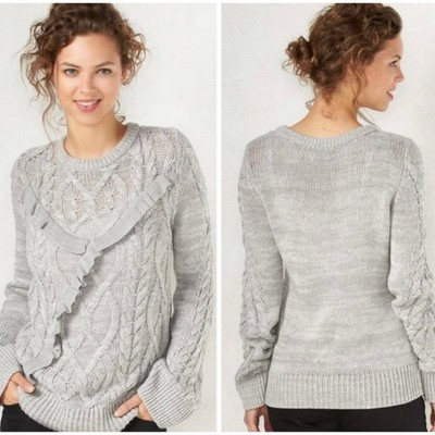 Lauren Conrad cable knit ruffled soft grey bell sleeve sweater
