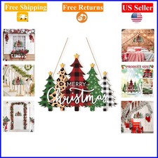 Large Wooden Christmas Door Wreath Sign, Black White Buffalo Plaid, Indoor/Ou...
