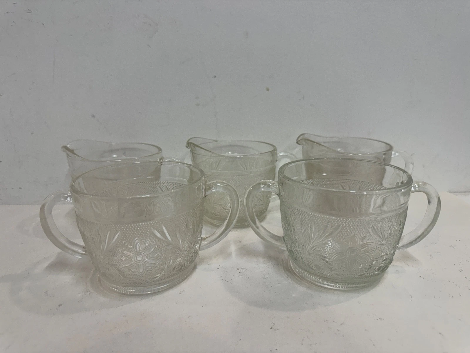 Vintage Anchor Hocking “Sandwich Clear” Glass 3 Creamers and 2 Open Sugar Bowls