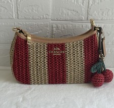 Coach Teri Striped Shoulder Bag Red Tan Small Zip Crescent Cherry Charm Gold
