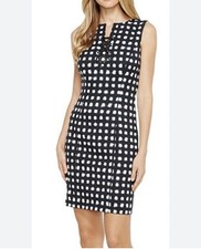 Tahari  Navy/White Split Neck Lace Up Stretch Jersey Sheath Dress  Size 12