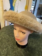Vintage Plush Faux Fur Trim 100 Wool Hat Beige Womens See Pictures Measurements