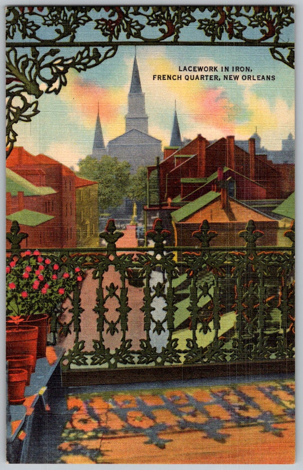 Vtg Linen Postcard Iron Lacework Balcony New Orleans, LA 1930s