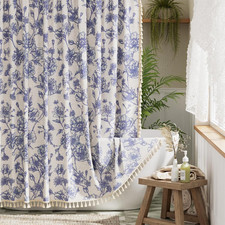 Farmhouse Floral Shower Curtain, Blue Linen Textured Shower Curtains Rustic with