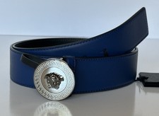 Versace Silver Medusa-Buckle Blue Leather Belt 95 38 Italy 1006276 NIB 600