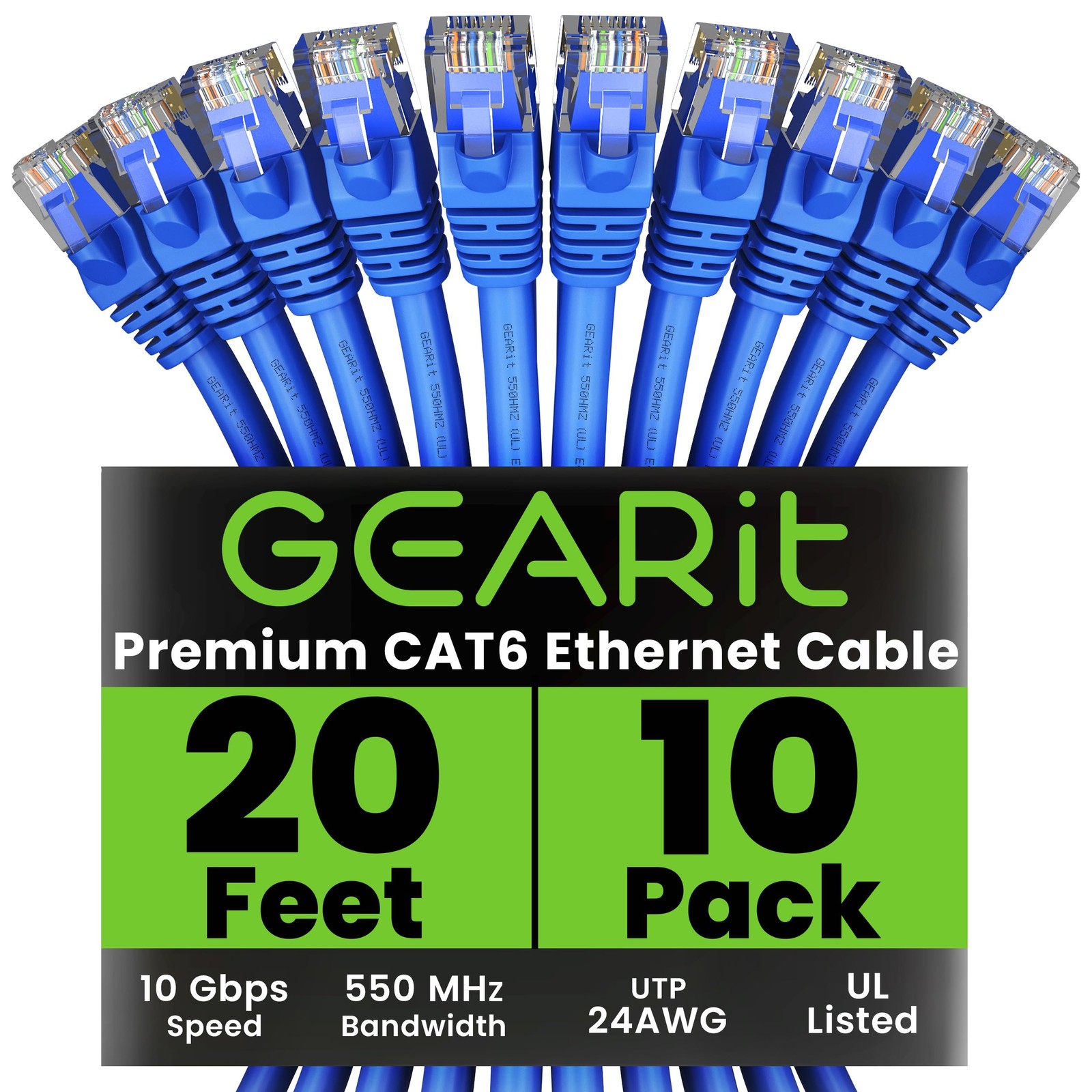 20ft Cat6 Ethernet Cable 10-Pack - 10Gbps, RJ45, Snagless, High-Speed Network Patch Cables