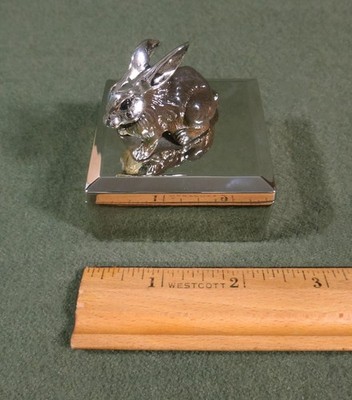 BROWN enamel RABBIT square silver metal TRINKET BOX blue velvet lining TURNWALD?