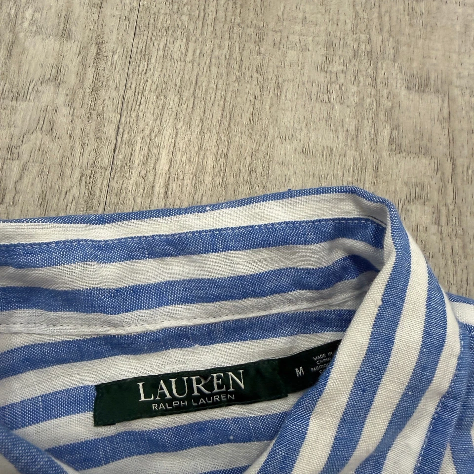 Lauren Ralph Lauren Popover 100% 亚麻衬衫女式中号蓝色白色条纹 — 第 4/4 张图片