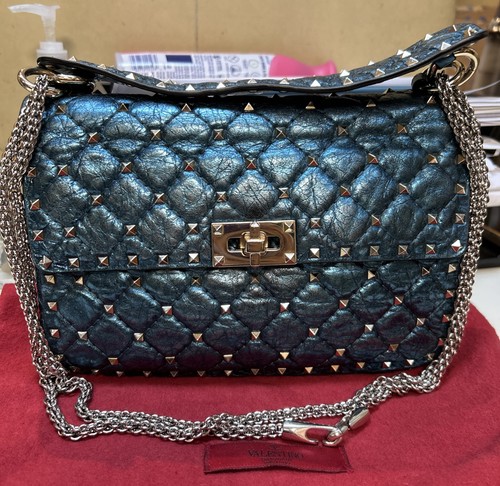 Valentino Rockstud Spike Top Handle Medium Metallic Blue Leather Handbag