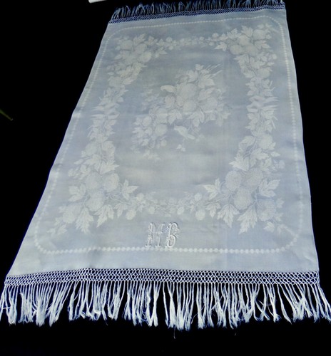Vintage französisches Damast Leinen Schau Handtuch 30x 50" verziert MB Mono Himbeeren Vögel - Bild 12 von 20