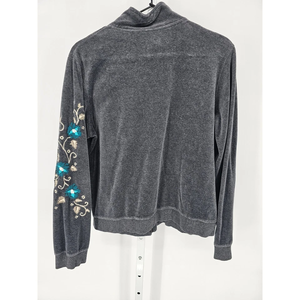 Style & Co Womens Sz L Zip Up Velour Track Jacket Gray Floral Embroidered - Image 4 of 4