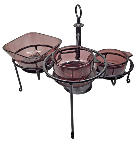 Vintage 3 Tiered Swivel Wrought Iron Caddy with Purple Bowls