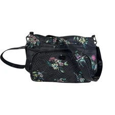 LUG Samba Crossbody Purse Adjustable Strap Black Floral Print Quilt Convertible