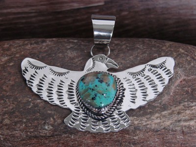 Native American Nickel Silver & Turquoise Eagle Pendant - Cleveland