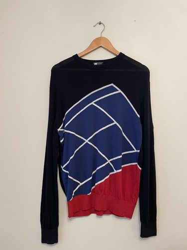 Z ZEGNA Techmerino Sweater Jumper Size M Navy Red 100% Merino Wool Crew Neck