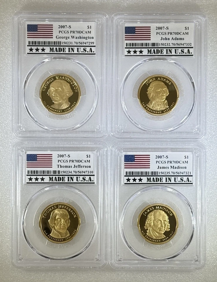 Juego de 4 monedas de dólar presidencial S 2007 graduación profesional PR70 DCAM - Hecho en EE. UU. Soporte Foto 3 de 4