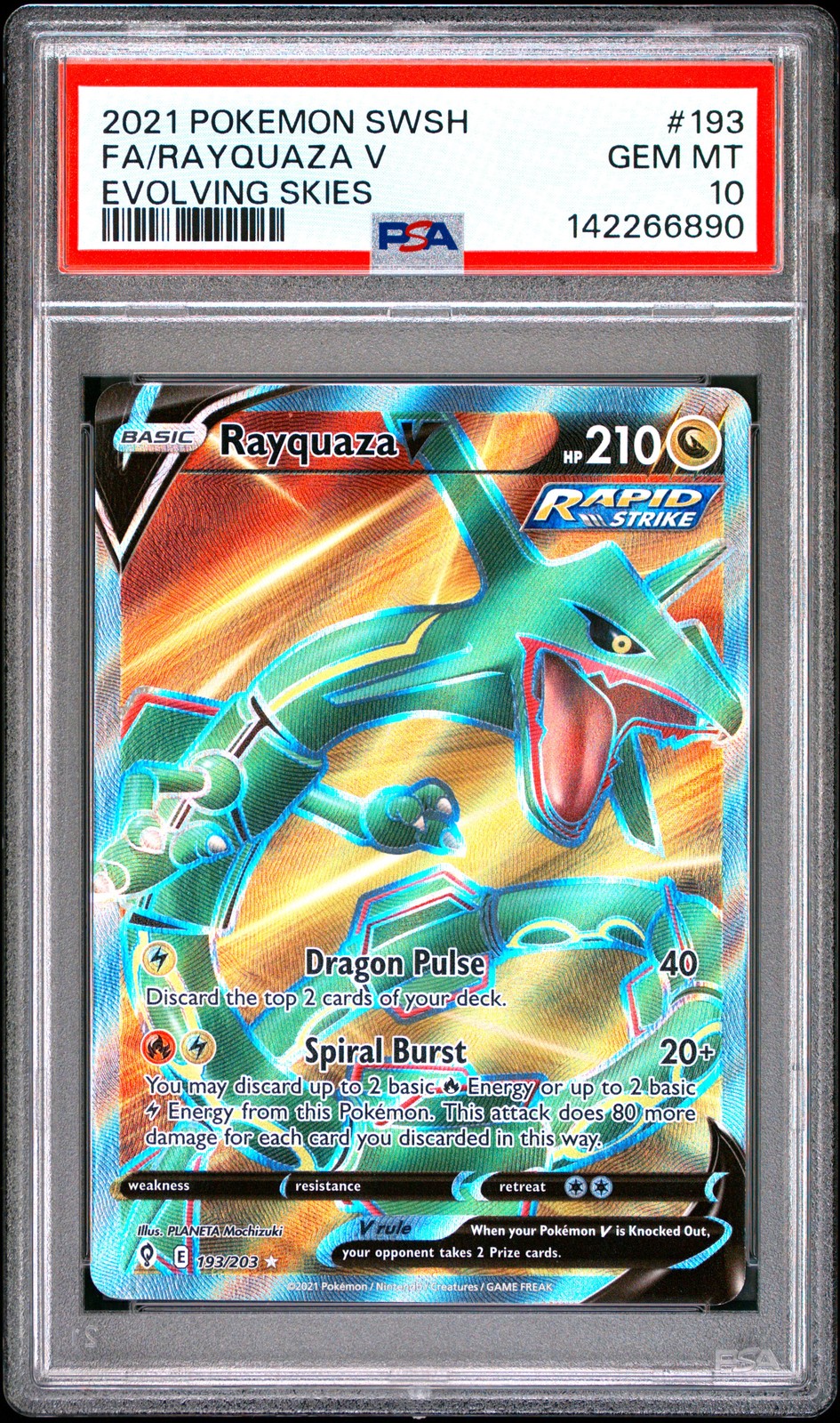2021 POKEMON SWORD & SHIELD EVOLVING SKIES #193 FULL ART/RAYQUAZA V PSA 10