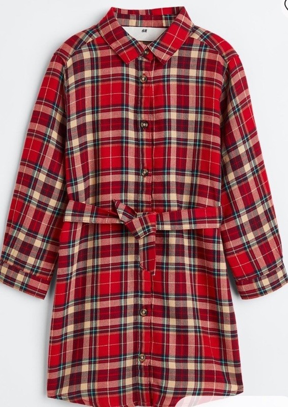 H&M girl’s belted red checkered plaid button down shirt dress Size US 10