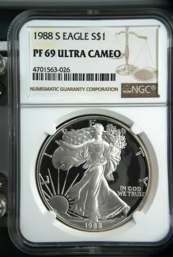 1988-S $1 Silver Eagle PF-69 Ultra Cameo NGC Brown Label