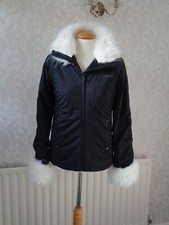 Gorgeous Hooch Jacket/coat Black With White Fur Trim On Hood/collar/cuffs Size 8