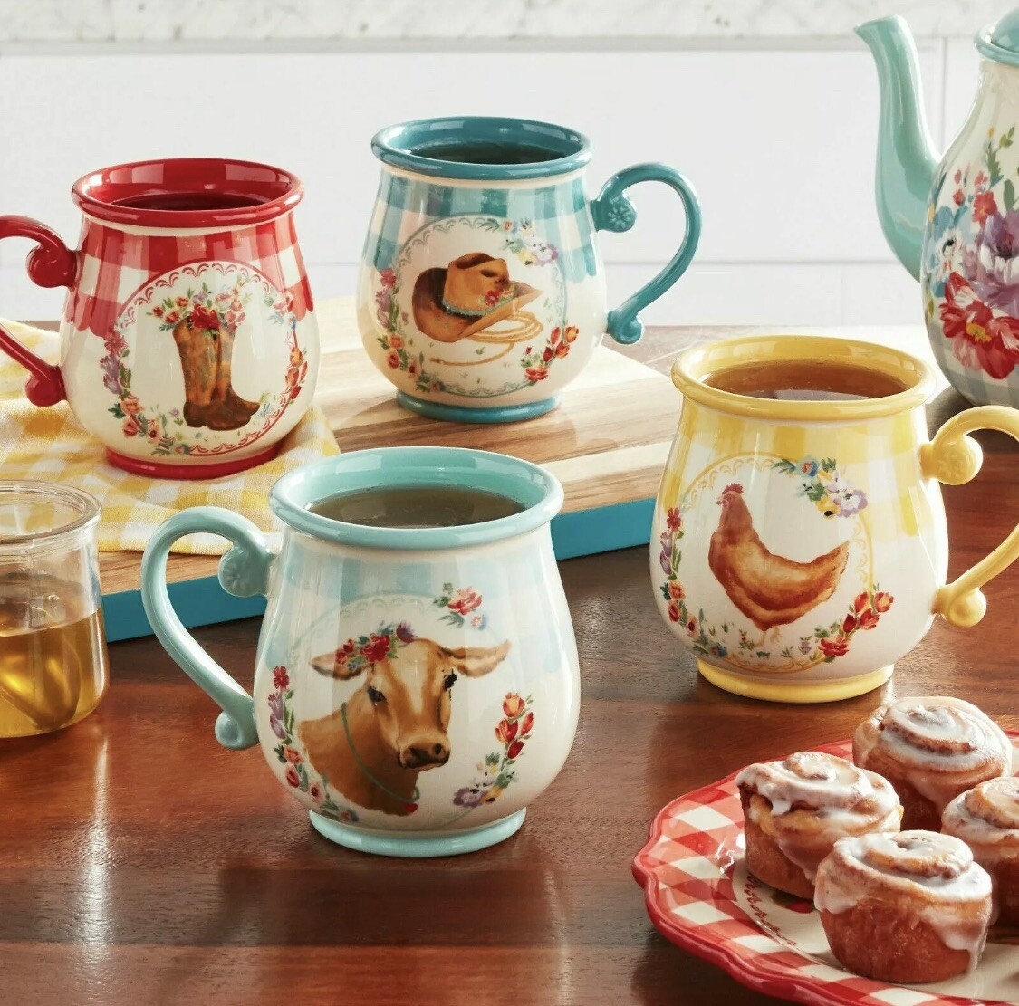 Pioneer Woman Gingham 16 Oz Mugs Set of 4 Brand New