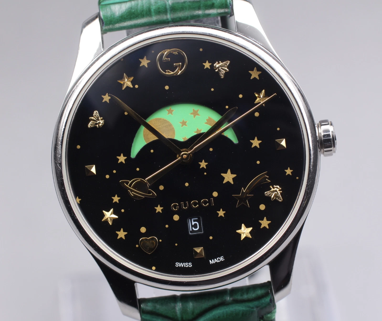 [Exc+5] Montre à quartz pour homme Gucci G TIMELESS 126,4 phase de lune noir vert JP