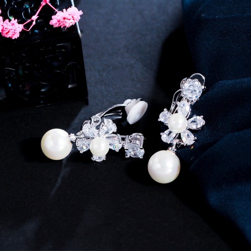 No Ear Hole Non Pierced CZ Flower Party Clip On Pearl Earrings Without Piercing - Picture 7 of 9