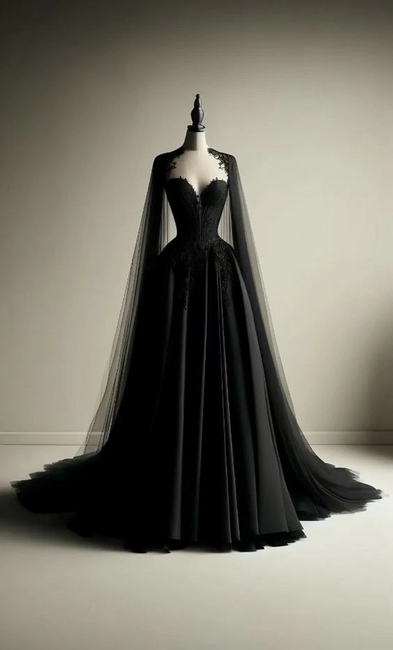 Gothic Black Wedding Dresses with Cape Lace Appliques Strapless Bridal Gowns - Image 2 of 4