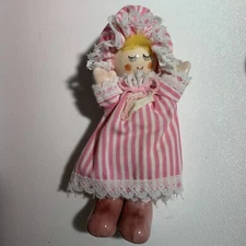 Vintage Small Ceramic Head Hands Shoes & Cloth Rag Doll With Striped Dress Hood
