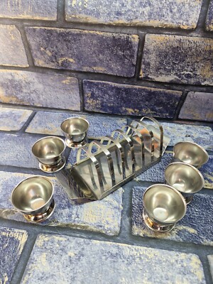 Retro Vintage Edelstahl 6 Scheiben Toastständer Brothalter Tablett + 6 Eierbecher