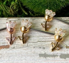 PAIR Princess Cut CZ Gem Tulip Flower Nipple Rings Pierced Body Piercing Jewelry