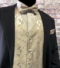 NEW Champagne Ivory Paisley Tuxedo Suit Dress Vest Waistcoat  Bow tie Hankie