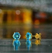 2.00Ct Round Cut Blue Topaz Solitaire Stud Earrings Solid 14K Yellow Gold Finish