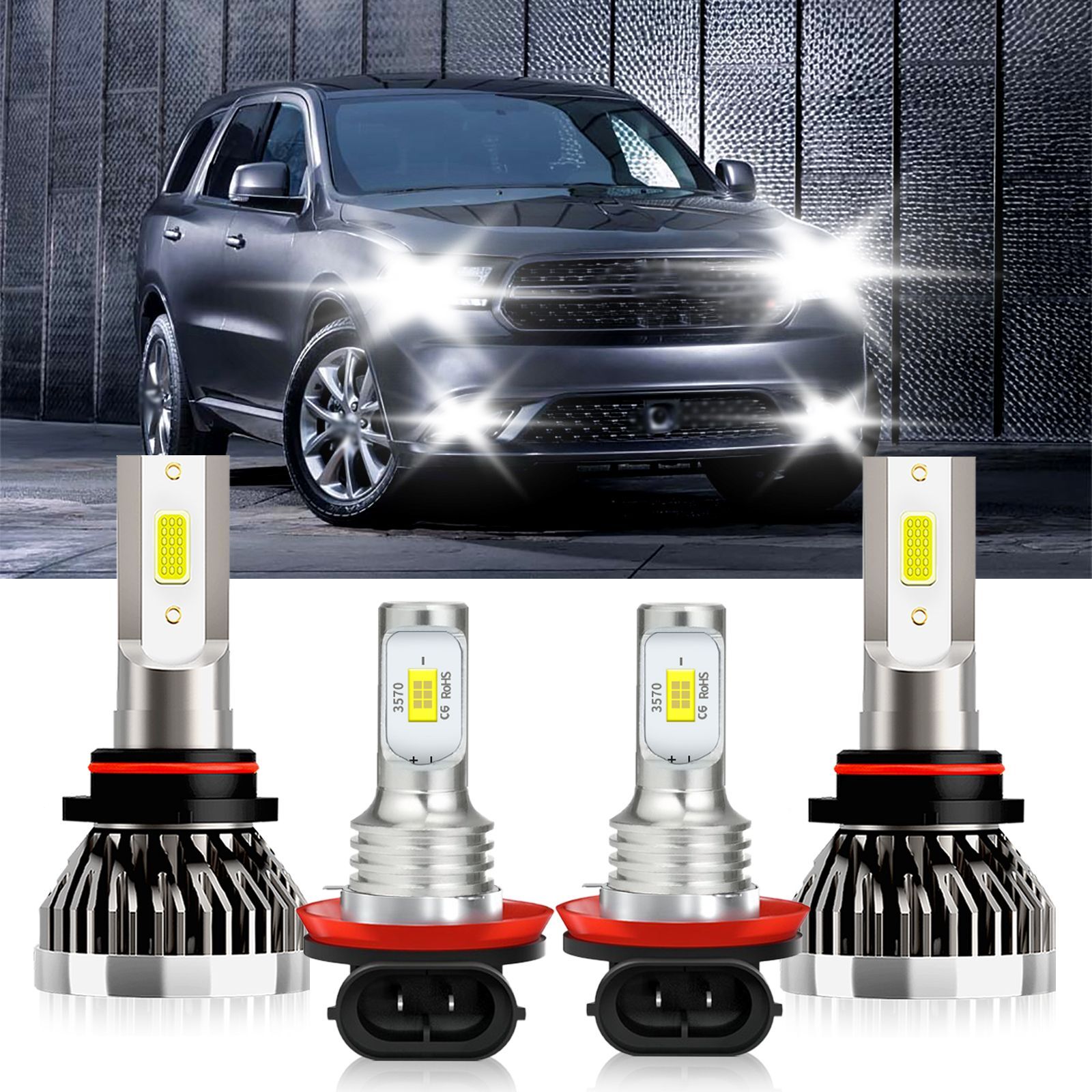For Dodge Durango 2014-2015 LED Headlight Hi/Lo+Fog light Combo Bulb 6000K White
