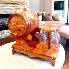 Olive Wood Wine Barrel W/ Stand | Built-in Wine Glass Holder