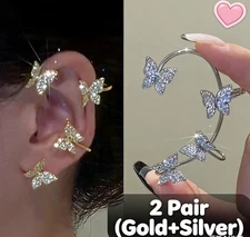2-Pack Glistening Butterfly Clip Earrings Eye-Catching Sparkle (Gold + Silver)