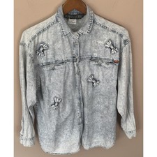 Vintage 80s Jordache Denim Shirt Top Bows Womens M Blue Button Up