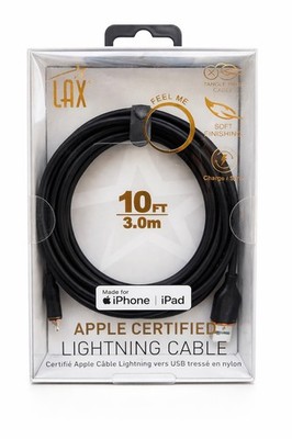 LAX Apple Certified Cable Charger 10 FT Braided Black, iPhone Charger