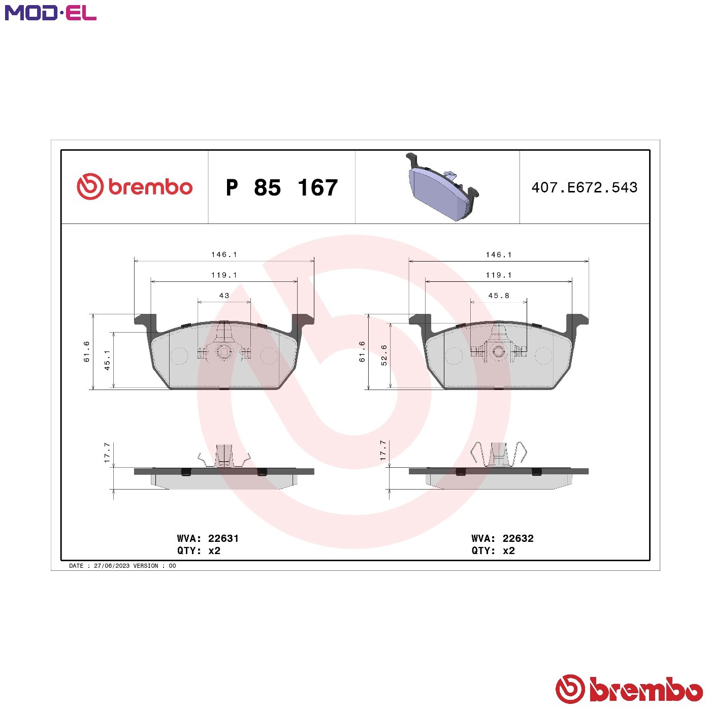 Front BREMBO P 85 167 Brake Pad Set, disc brake for AUDI,SEAT,SKODA,SKODA (SVW), - Image 43