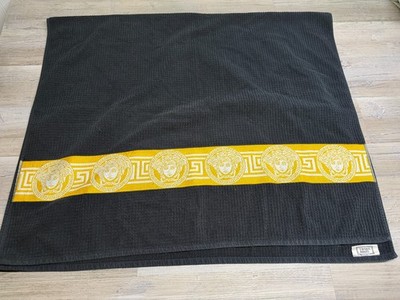 Vintage Gianni Versace Beach Towel Black Gold Medusa Greca Greek Key Italy 90s