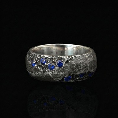 Blue Sapphire Men's Ring, 925 Sterling Silver Jewelry, Men's Wedding Band Ring