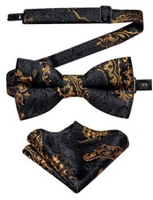 Boys Pre-tied Bow Tie,Silk Adjustable Bowtie and Pocket Black Gold Paisley