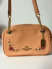 100% Coach Camri Peach Pebbled Leather Shoulder Bag Chain Strap Floral Applique