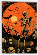 Vintage Halloween Skeleton Graveyard Postcard...
