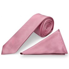 Image of Mens Plain Satin Skinny Tie and Pocket Square Set Thin Slim Tie Wedding Pastel