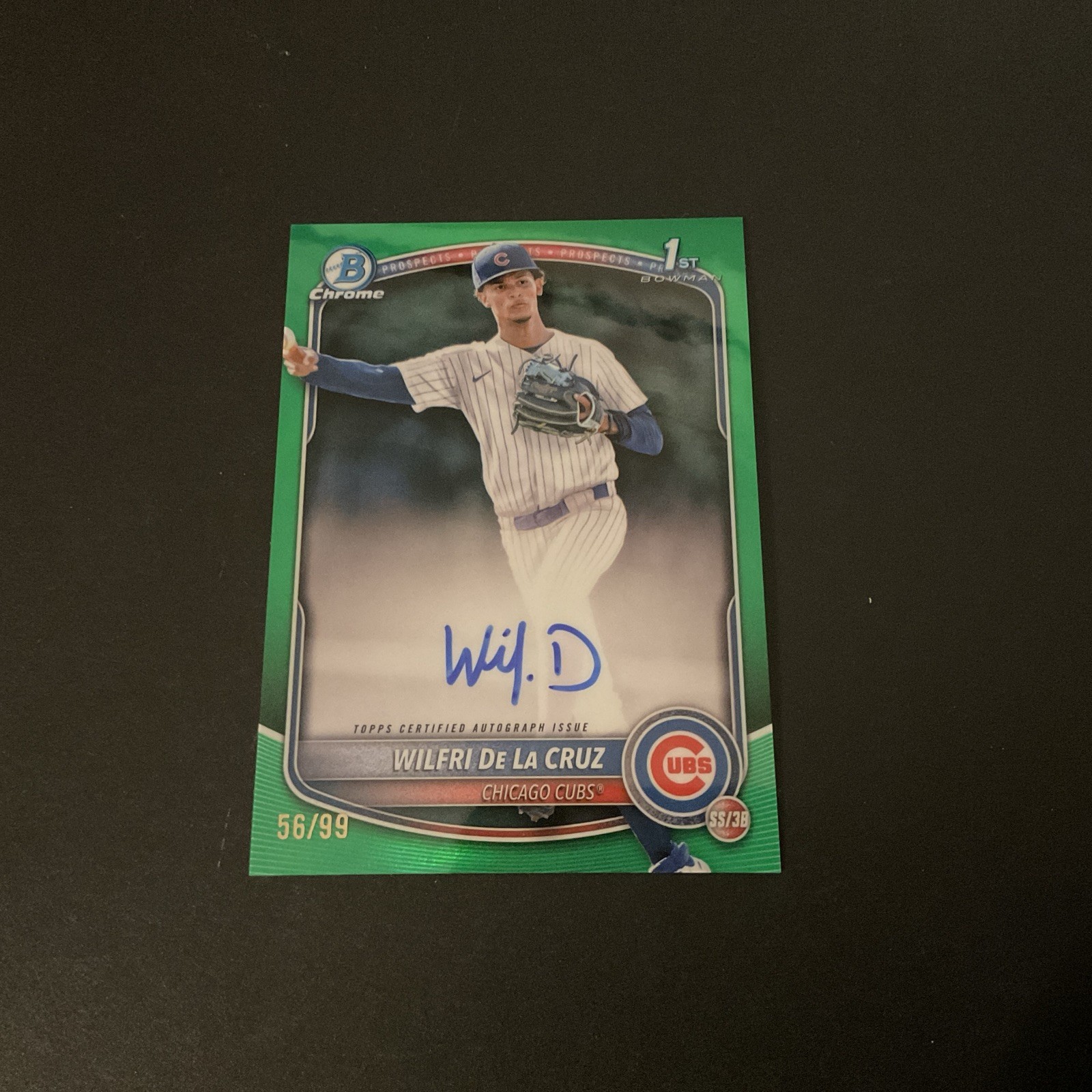 2025 Topps 1st Bowman Chrome Auto True Green /99 Wilfri De La Cruz Cubs CPA-WD