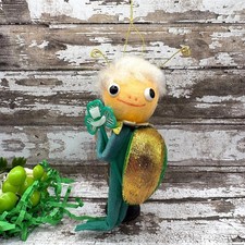 Vintage St. Patricks Day Anthropomorphic Green Gold Pixie Ladybug Ornament Japan
