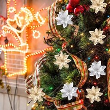 Christmas Poinsettia Glitter Artificial Flowers Xmas Tree Party Decoration